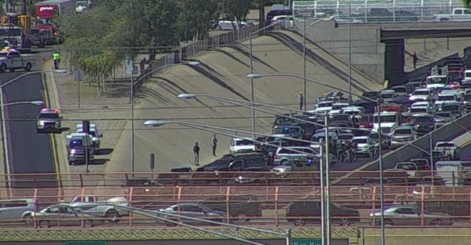 Interstate 17 southbound lanes are closed due to a law-enforcement situation near Grant Street in Phoenix on April 20, 2020.
