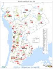 A map showing the number of confirmed cases of the coronavirus in Westchester County as of Monday, April 20, 2020.