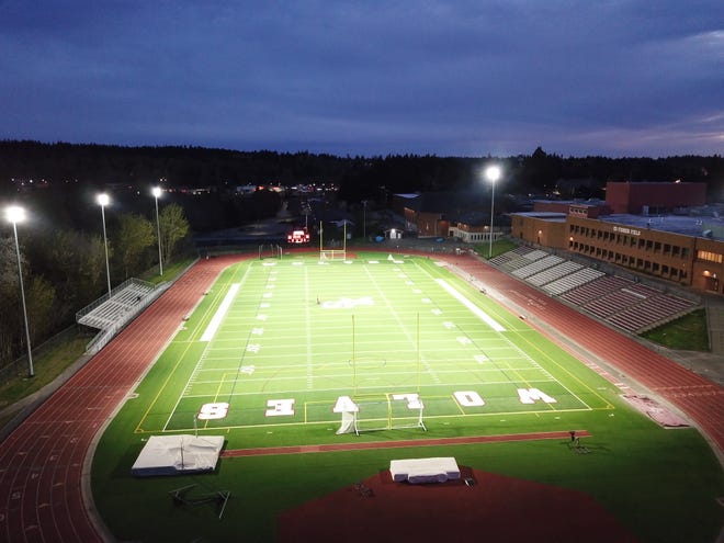 South Kitsap School District illuminated the empty Ed Fisher Field on April 17, 2020, during the COVID-19 stay-home order to honor the high school's Class of 2020. The tribute was held under the hashtag #BetheLight