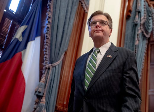 March 31, 2020; Austin, TX, USA; Texas Lt. Gov. Dan Patrick exits a press conference at the state Capitol about the state's response to the coronavirus on Tuesday, March 31, 2020, in Austin, Texas. Mandatory Credit: Nick Wagner/American-Statesman via USA TODAY NETWORK ORIG FILE ID: 20200331_cjm_usa_095.JPG