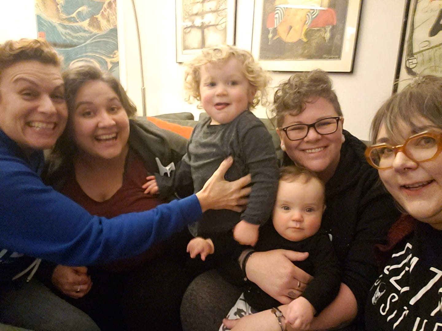 “I'm just grateful that without saying anything we knew that we needed to tighten up that bond right now to help each other get through things,” Jess said. Jess, far right, joins, from left, Leah Harris, Des's wife Felicidad Garcia, and Des. The kids, Gus and Theo, are Des and Fel's.