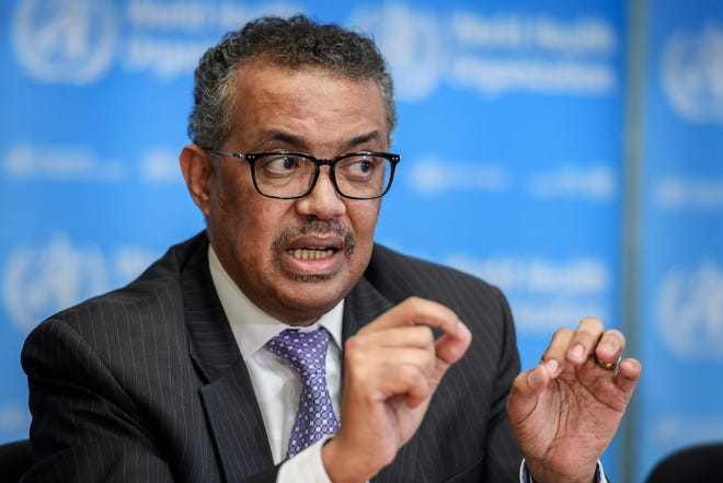 World Health Organization (WHO) Director-General Tedros Adhanom Ghebreyesus speaks during a daily press briefing on the COVID-19 virus at the WHO headquarters in Geneva on March 9, 2020.