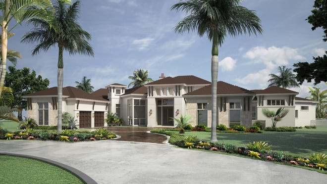 The Newport model, by Stock Custom Homes, offers a golf course and lake view.