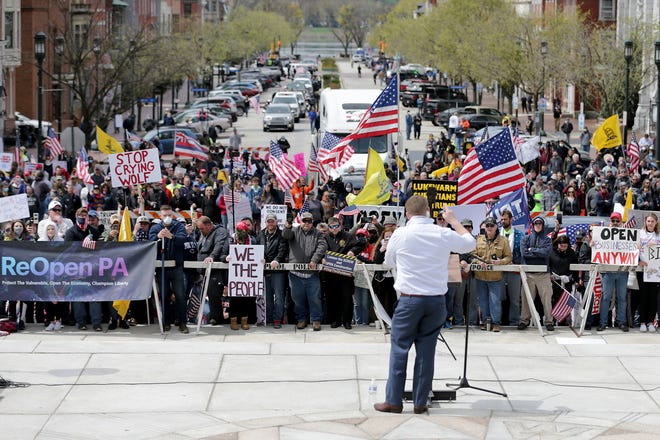 State Rep. Aaron Bernstine was one of at least four Pennsylvania lawmakers to participate in a rally to reopen the state at the Capitol on Monday.