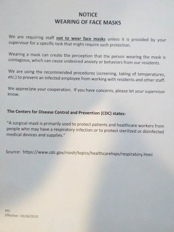 Tallahassee Developmental Center ordered staff not to wear masks