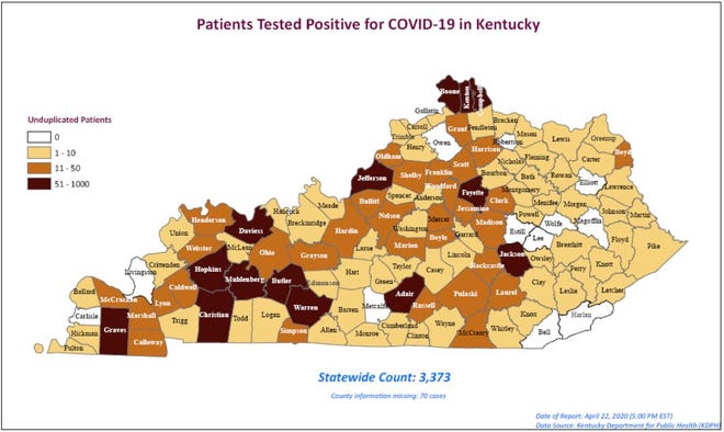This is the state of Kentucky's COVID-19 tracking map shown as of Thursday, April 23, 2020.