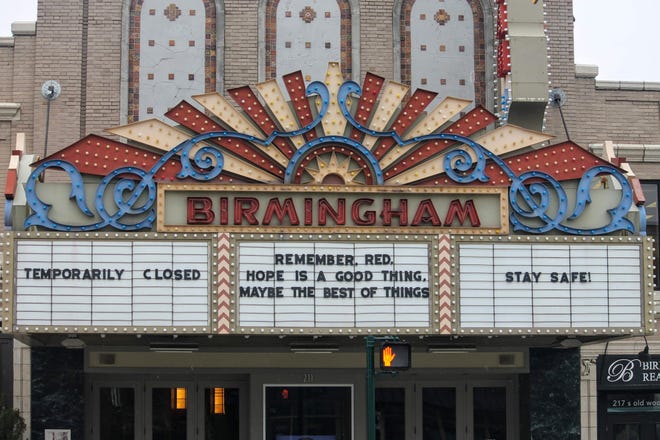 The Birmingham 8 movie theater quotes "The Shawshank Redemption" on its marquee last spring while closed during the spring COVID-19 shutdowns. The theater has new ownership: Emagine Entertainment has purchased the iconic theater.