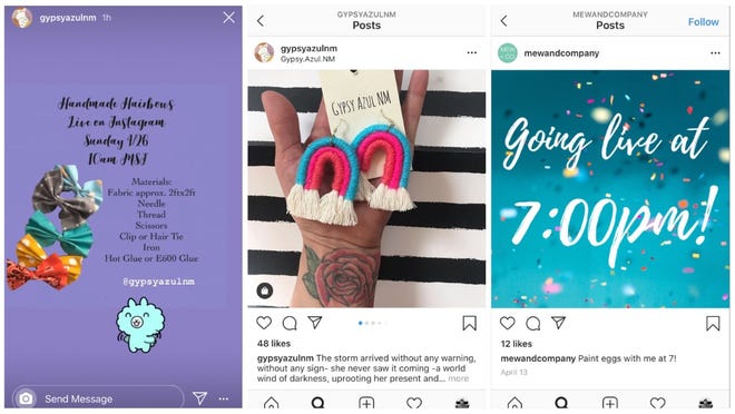 Some local craft businesses have used the coronavirus pandemic to bolster their Instagram presences. Pictured are screenshots from the Instagram pages of Gypsy Azul NM and Mew and Company.