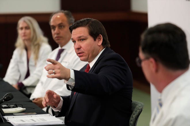 Florida Gov. Ron DeSantis speaks during a news conference at the Cleveland Clinic Florida during the new coronavirus pandemic, Saturday, April 25, 2020, in Weston, Fla.
