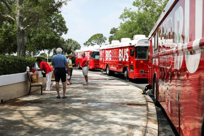 The Monarch Country Club partnered with OneBlood and held a blood drive for community residents in the clubhouse parking lot on Saturday, April 25, 2020 in Palm City. There were three buses on site for the 47 community members that signed up to to donate blood and walk-ins were also welcomed. "Many of them like to donate regularly and they were finding it difficult to make that happen," said Kathleen Jones, the Monarch Country Club general manager. "This is a larger initiative that we have with ClubCorp nationwide where we have partnered with the Red Cross and OneBlood to help with the worldwide pandemic and the need for blood."