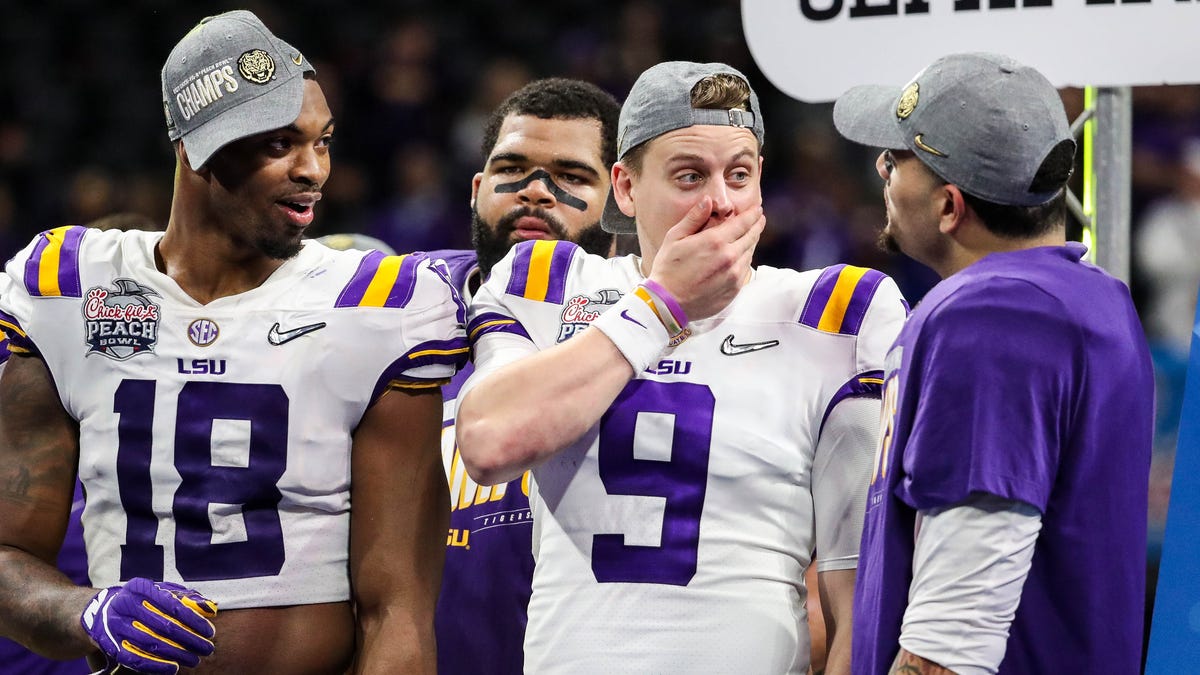LSU Tigers quarterback Joe Burrow (9) reacts after the 2019 Peach Bowl college football playoff semifinal game between the LSU Tigers and the Oklahoma Sooners at Mercedes-Benz Stadium.