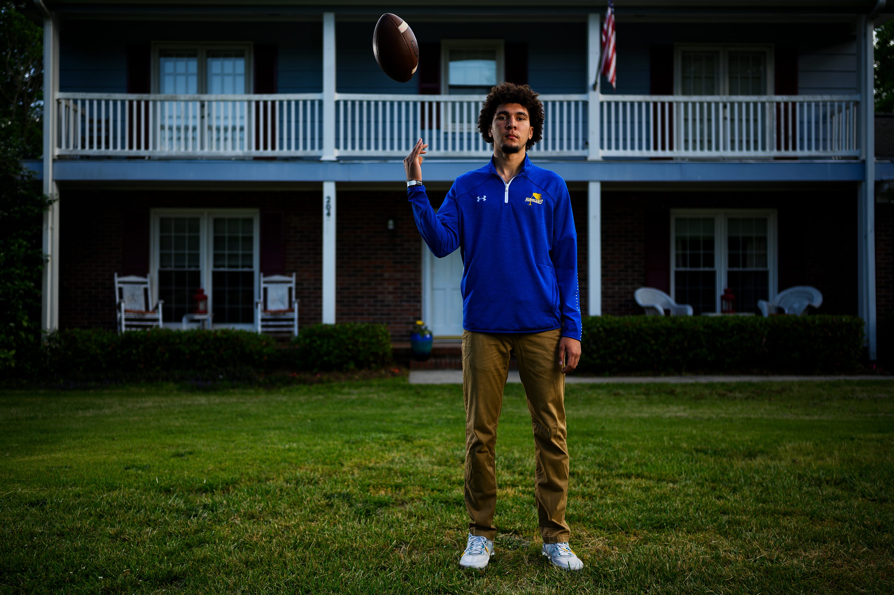 Wren High School's Joe Owens poses for a portrait in front of his home Tuesday, April 28, 2020. Owens is The Greenville New's 2019-20 All-Upstate football player of the year.