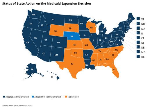 A map showing state-by-state action on Medicaid expansion. Orange indicates states that have not expanded.
