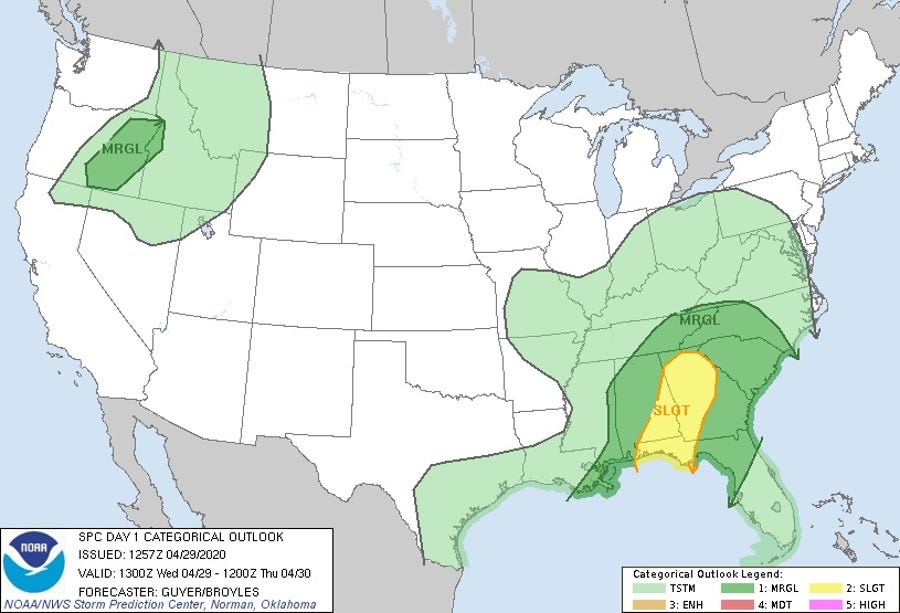 The Southeast (in yellow) is the part of the U.S. most likely to see severe storms Wednesday afternoon and evening.