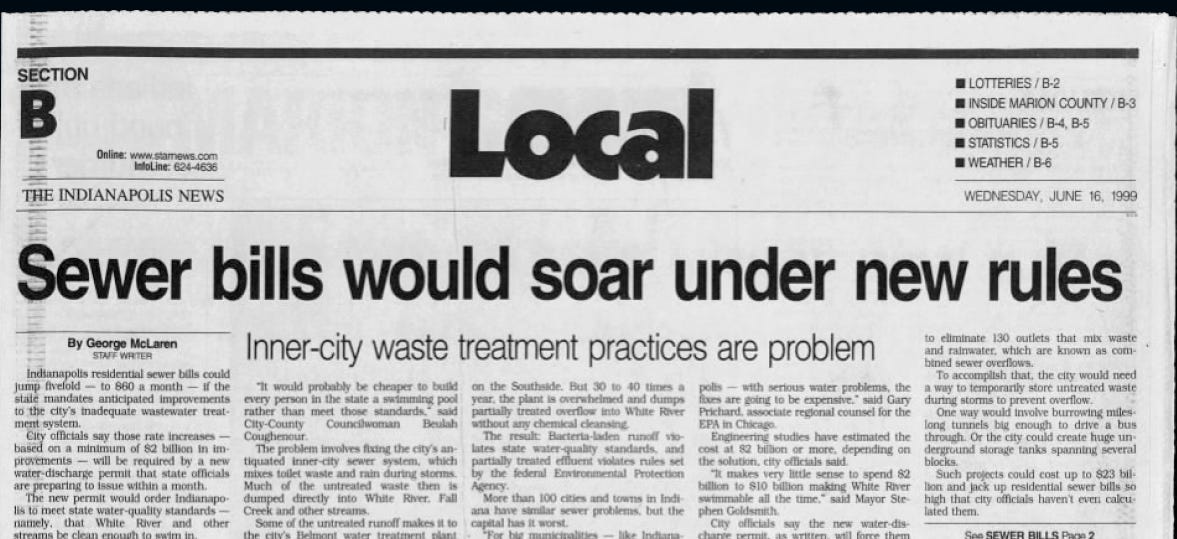 An article published in the Indianapolis News on Wednesday, June 16, 1999, focused on the added costs of fixing the sewage system.