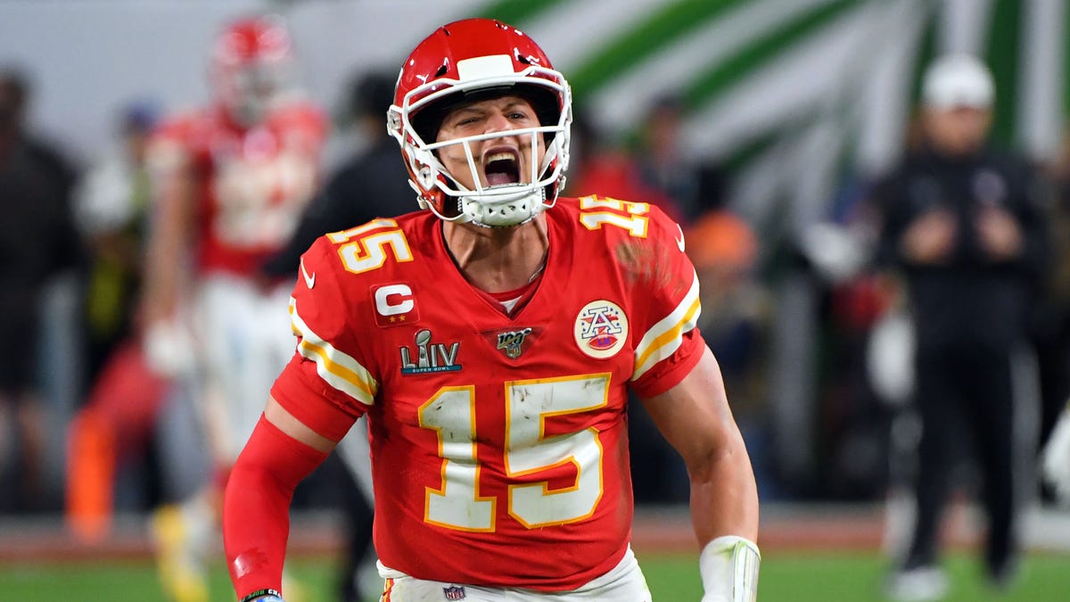 Kansas City Chiefs quarterback Patrick Mahomes (15) celebrates after a touchdown in the fourth quarter against the San Francisco 49ers in Super Bowl LIV at Hard Rock Stadium.