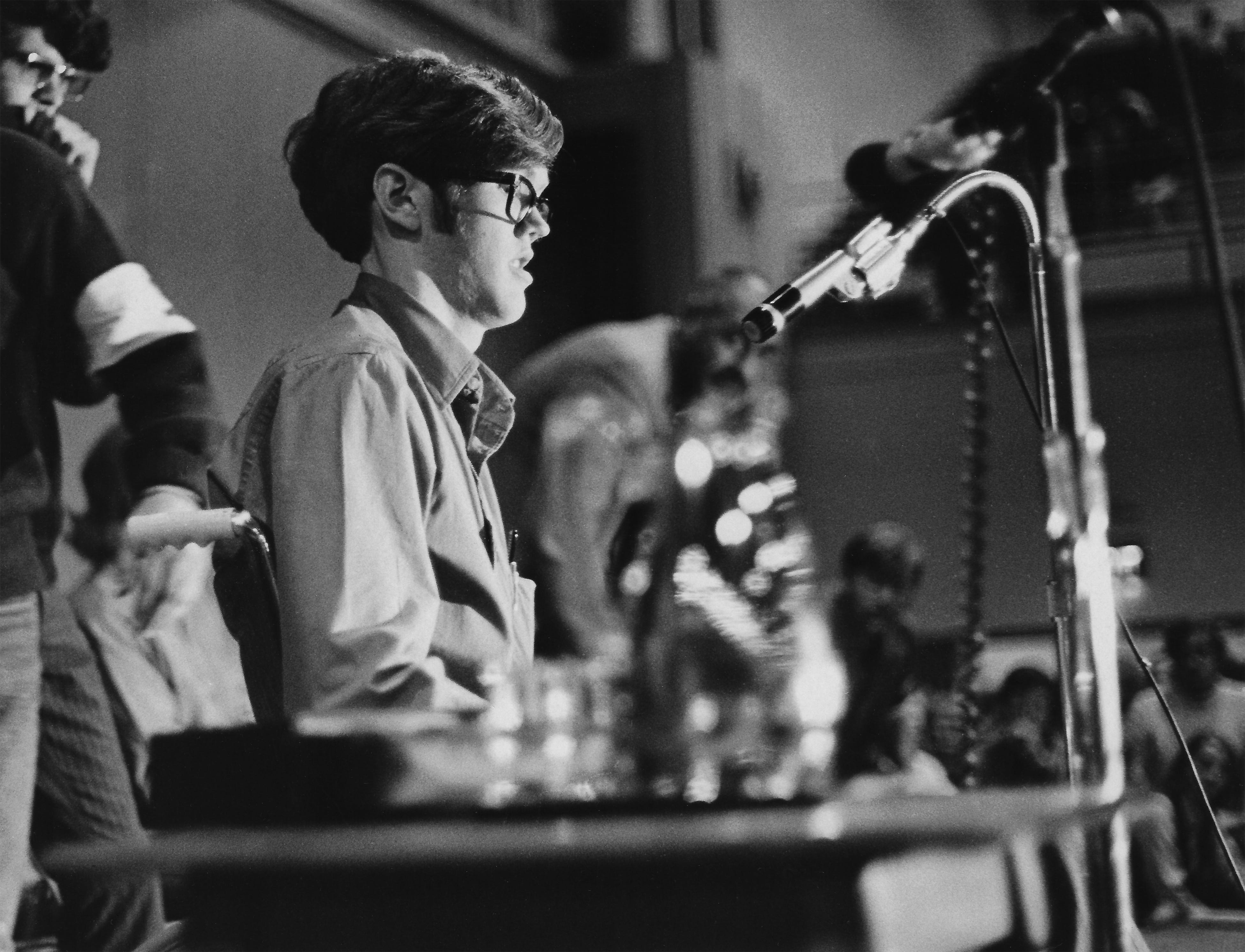 Dean Kahler, who was one of the nine students wounded by National Guardsmen on the Kent State campus May 4, 1970, participates in a commemoration ceremony before leading a candlelight procession on September 28, 1970. [DON ROESE/AKRON BEACON JOURNAL]