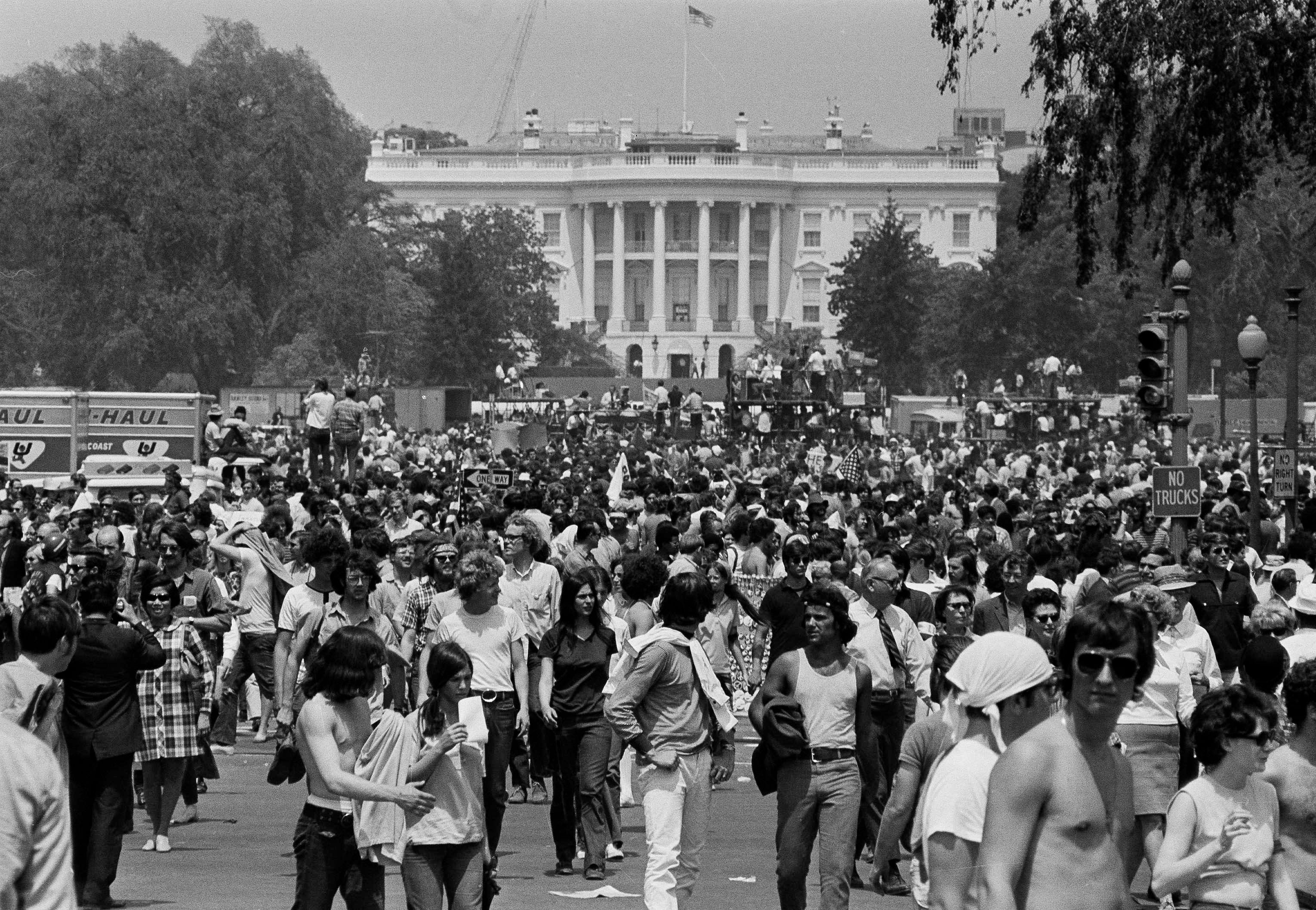 Anti-war demonstrators congregate near the White House as they protest the shootings at Kent State University and the U.S. incursion into Cambodia, on the Ellipse in Washington D.C., on May 9, 1970.