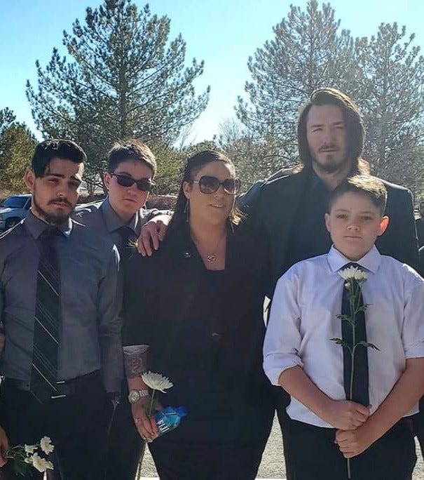 Ian McElhaney, second from left, stands with his siblings Aaron, far left, sister Nikkie Holliday, brother Charles Koons and younger brother (far right) Aden McElhaney.   Ian McElhaney, 18, died in April 2020 from COVID-19. This picture   was the last photos of Ian with his siblings.  It was taken at their mother's funeral. Their mother died in January 2020 before the pandemic's impact would be felt in Northern Nevada.