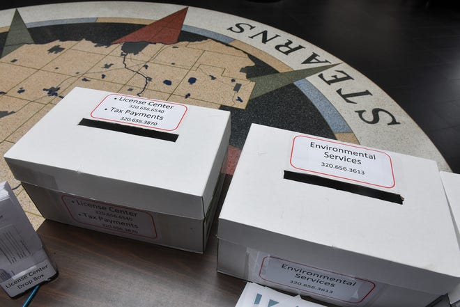 Drop boxes are available for several county departments Friday, May 1, 2020, at the Stearns County Administration Center in St. Cloud. 