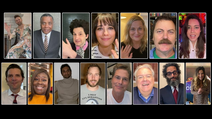 Group photo of the cast of "A Parks and Recreation Special" livestreaming from their homes April 30, 2020.