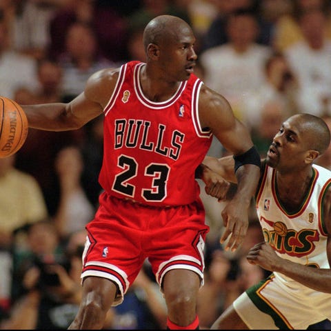 Chicago Bulls' Michael Jordan looks to move around