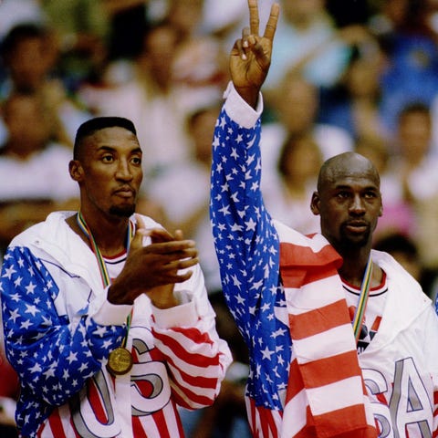 Scottie Pippen, Michael Jordan and Clyde Drexler d