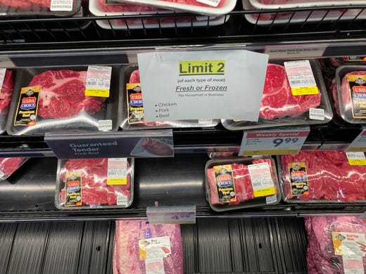 A sign in the meat section of Smart and Final in Santa Clarita, Calif., warn customers of a limit on meat purchases May 3, 2020. 