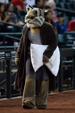 Arizona Diamondbacks mascot D. Baxter T. Bobcat wears pajamas one day after a 19-inning game against the St. Louis Cardinals at Chase Field.
