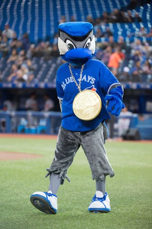 Ace, the Toronto Blue Jays mascot, walks across the the field before the start of the game against the Baltimore Orioles at Rogers Centre.
