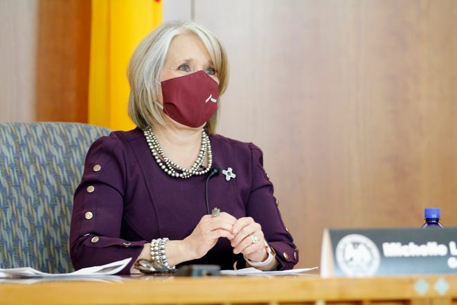Governor Michelle Lujan Grisham delivers her weekly COVID-19 press conference from the state capitol on April 30, 2020.