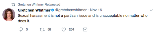 A screen capture of a November 2017 tweet from Gretchen Whitmer.
