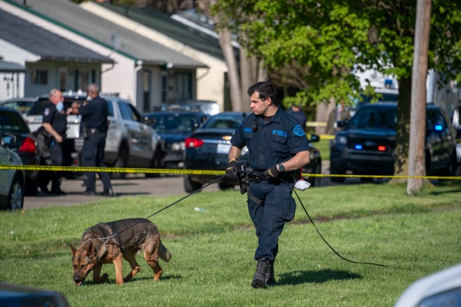 A member of the Michigan State Police canine team searches a yard on John Daly near Lehigh in Inkster on May 6, 2020. A young boy was found stabbed to death in the home.