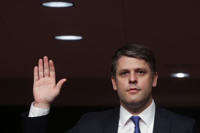 Judge Justin Walker is sworn in prior to testifying before a Senate Judiciary Committee hearing on Walker's nomination to be a U.S. circuit judge for the District of Columbia Circuit on Capitol Hill on May 6, 2020.
