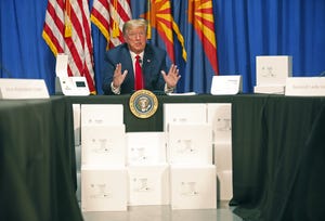 President Donald Trump speaks during a roundtable discussion at Honeywell International's mask-making operation in Phoenix on May 5, 2020.