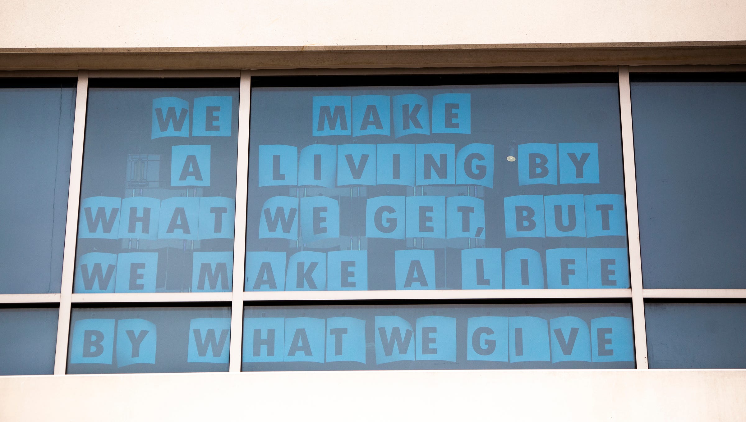 A window above a COVID rehabilitation unit has messages of encouragement and hope at Mary Free Bed Rehabilitation Hospital in Grand Rapids.