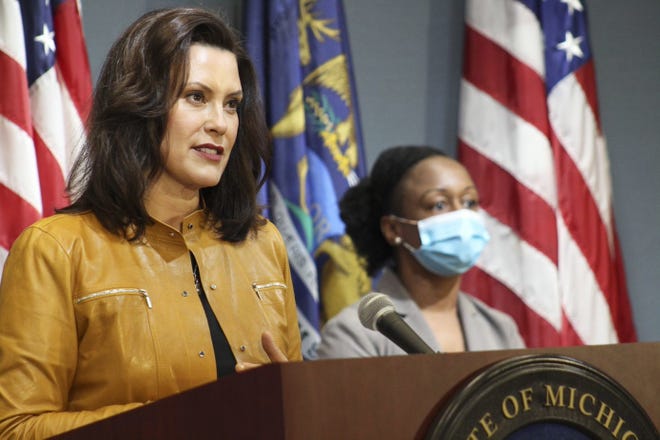 Gov. Gretchen Whitmer speaks at a news conference on update of Michigan's response to the coronavirus pandemic Thursday, May 8, 2020. Michigan Health and Human Services Chief Medical Executive Dr. Joneigh Khaldun also spoke.