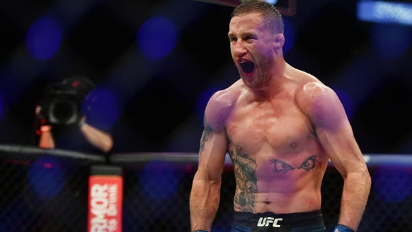 Justin Gaethje celebrates after defeating Tony Fer