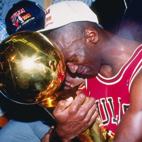 Michael Jordan celebrates winning the 1991 NBA tit