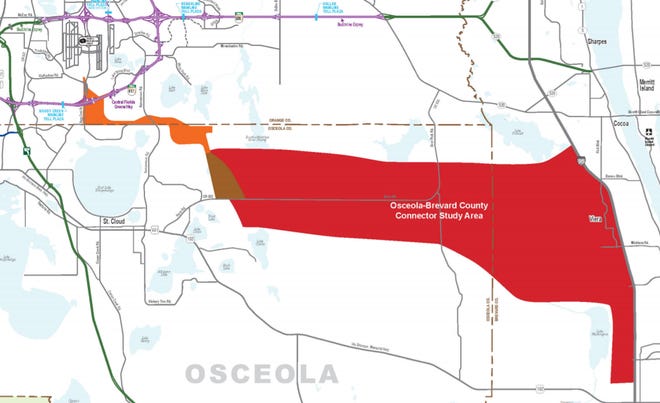 This map depicts the area under study for a future east-west road linking Brevard and Osceola counties.