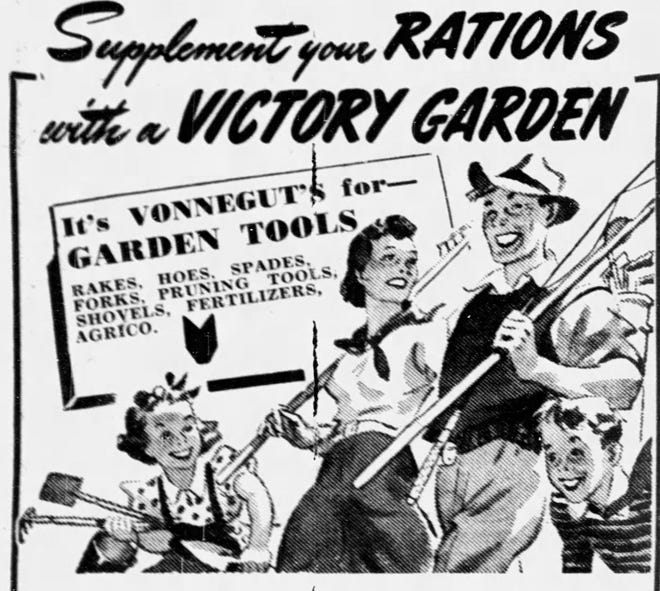 1943 Vonnegut's Hardware advertisement for Victory garden tools.
