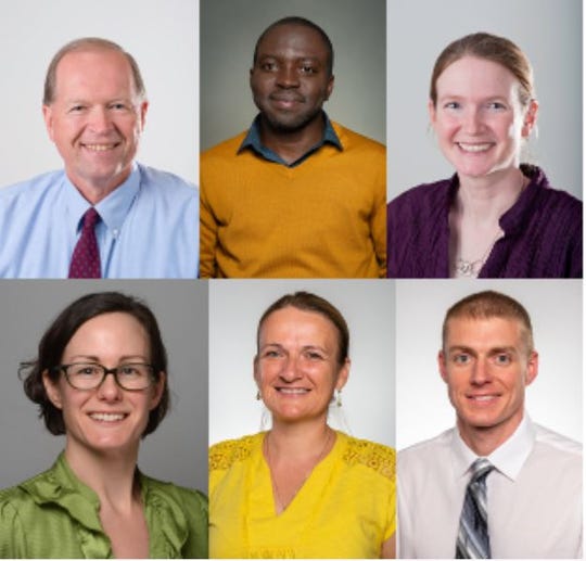 UW-River Falls awarded six faculty research fellowships to help increase dairy-related research capacity through the Dairy Innovation Hub initiative. Top row from left, Larry Baumann, Albert Boaitey, Jill Coleman Wasik. Bottom row from left, Veronica Justen, Sylvia Kehoe, Patrick Woolcock.