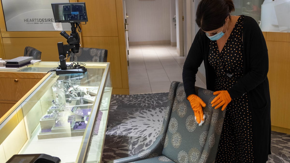 At the Jared, Galleria of Jewelry, in Southlake, Texas, a team member cleans a chair at 3 -4 hour intervals.
