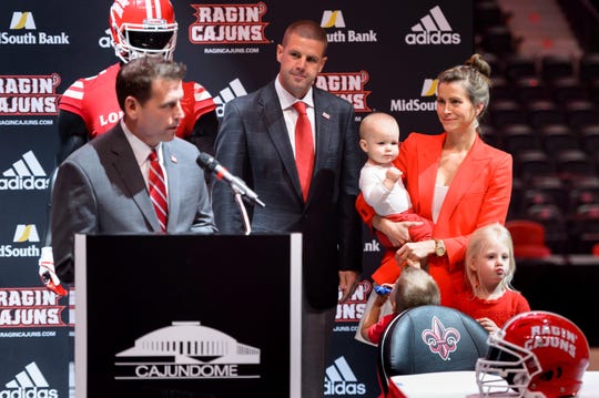 Ragin' Cajuns coach Billy Napier, his wife Ali Napier and their family are introduced when he was hired by UL in December 2017.