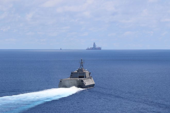 The Independence-variant littoral combat ship USS Montgomery (LCS 8) conducts routine operations near Panamanian flagged drillship, West Capella, May 7.