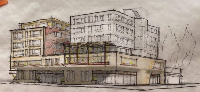 A rough line drawing of a proposed mixed-use building in downtown Fort Collins that includes 78 affordable apartments.