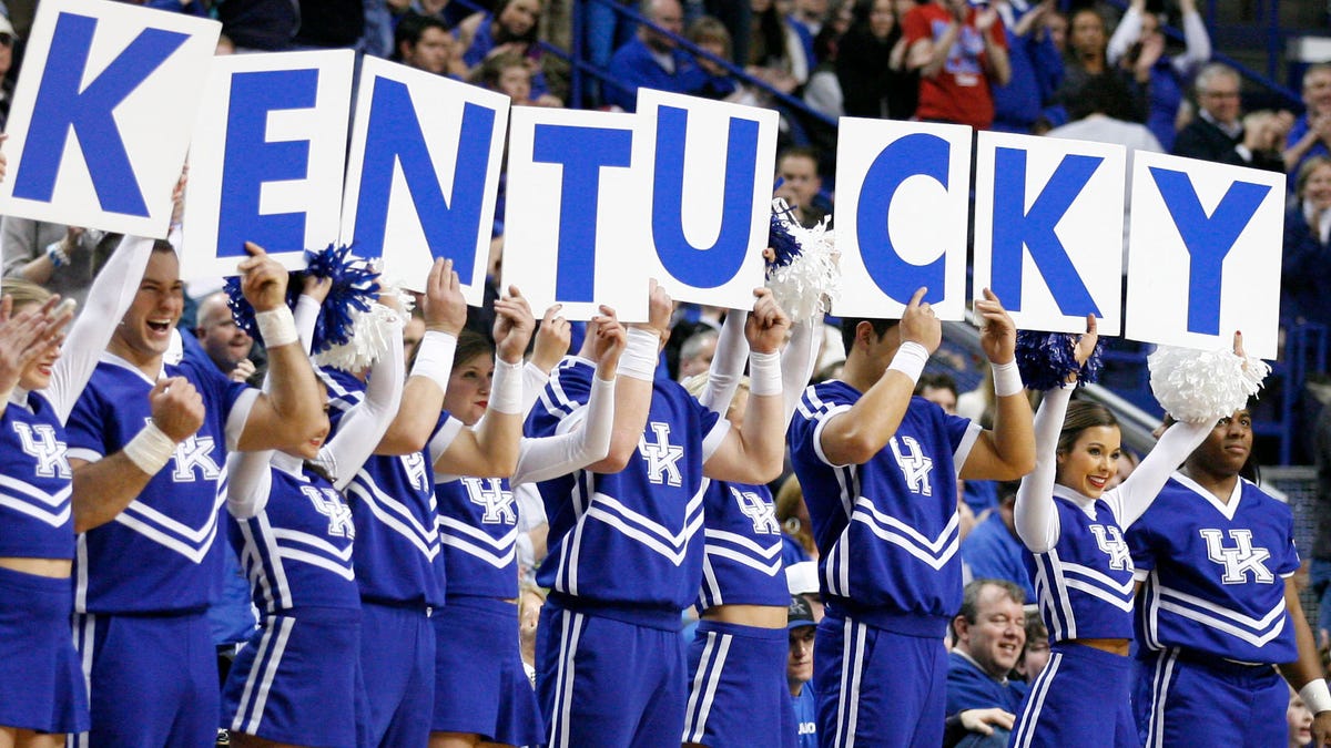 The Kentucky Wildcats cheerleaders cheer during the game against the Arkansas Razorbacks in 2014.