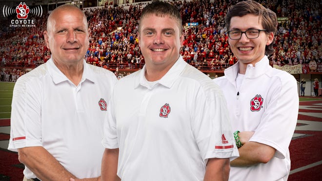 The 2020-21 Coyote Sports Network Team (L-R): Gary Culver (football analyst), John Thayer (football PBP and men's basketball PBP) and Carter Woodiel (women's basketball PBP, football sideline reporter).