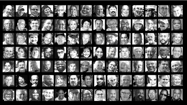 One hundred faces of the United States' 100,000 de
