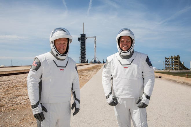 NASA astronauts Bob Behnken and Doug Hurley perform a rehearsal on Saturday, May 23, 2020, for the launch of SpaceX's Demo-2 mission, its first launch of astronauts to the International Space Station.